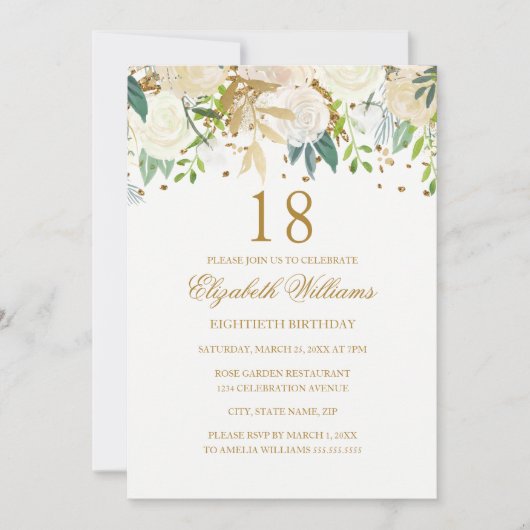 18e verjaardag Elegante gouden bloemen uitnodiging (Voorkant)