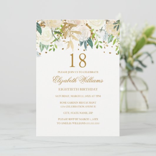 18e verjaardag Elegante gouden bloemen uitnodiging (Staand voorkant)