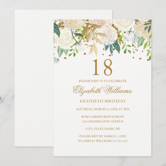18e verjaardag Elegante gouden bloemen uitnodiging (Voorkant / Achterkant)