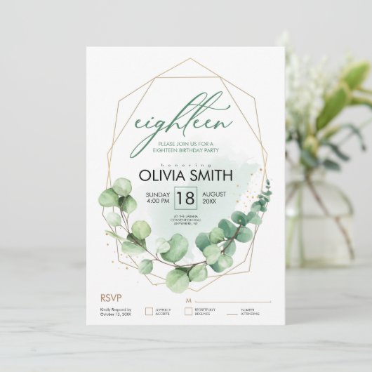 18e verjaardag Eucalyptus Elegant Modern Groen Kaart (Staand voorkant)