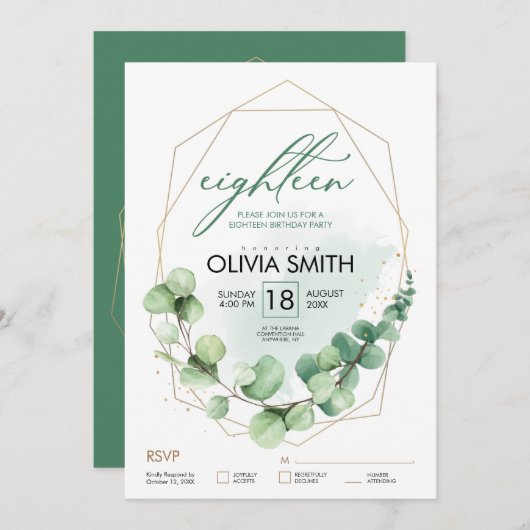 18e verjaardag Eucalyptus Elegant Modern Groen Kaart (Voorkant / Achterkant)