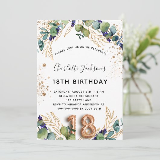 18e verjaardag eucalyptus greenery glitter elegant kaart (Staand voorkant)