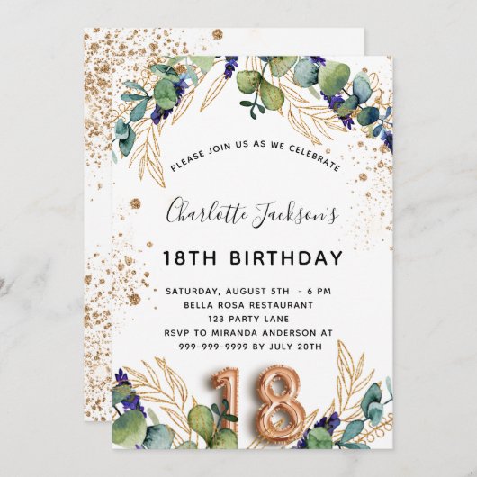 18e verjaardag eucalyptus greenery glitter elegant kaart (Voorkant / Achterkant)