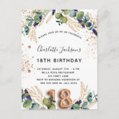 18e verjaardag eucalyptus greenery glitter elegant uitnodiging briefkaart (Voorkant)