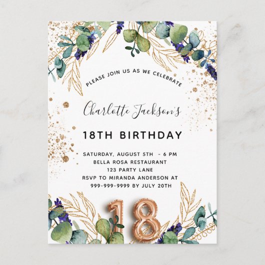 18e verjaardag eucalyptus greenery glitter elegant uitnodiging briefkaart (Voorkant)
