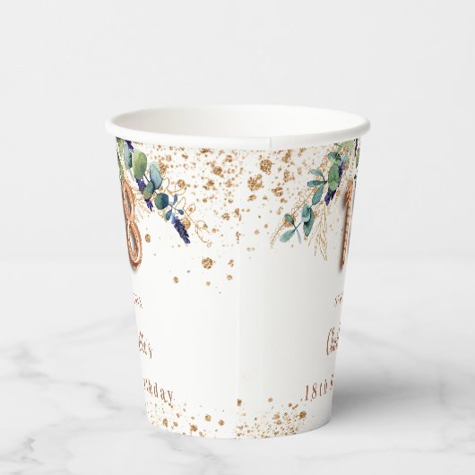 18e verjaardag eucalyptus greenery glitter monogra papieren bekers (Rechts)