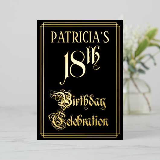 18e verjaardag — Fancy script en aangepaste naam Folie Uitnodiging (Staand Voorkant)