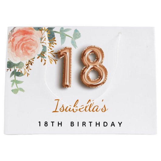 18e verjaardag floraal roos goud eucalyptusverjaar groot cadeauzakje (Voorkant)