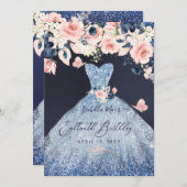 18e verjaardag Floral Dusty Blue Glitter Gown Kaart (Voorkant / Achterkant)