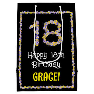 18e verjaardag: Floral Flowers Number, Custom Name Medium Cadeauzakje