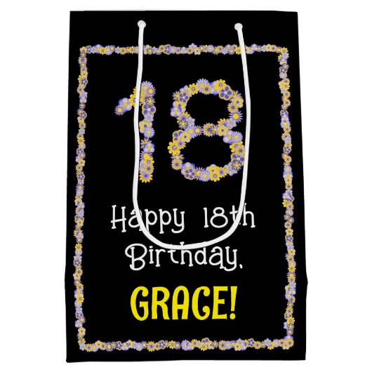 18e verjaardag: Floral Flowers Number, Custom Name Medium Cadeauzakje (Achterkant)