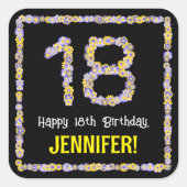 18e verjaardag: Floral Flowers Number, Custom Name Vierkante Sticker (Voorkant)