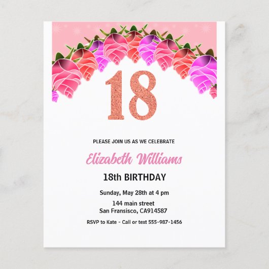 18e verjaardag Floral Roos Gold Invitation Flyer (Voorkant)