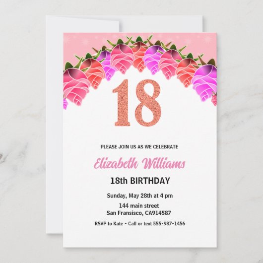 18e verjaardag Floral Roos Gold Invitation Kaart (Voorkant)