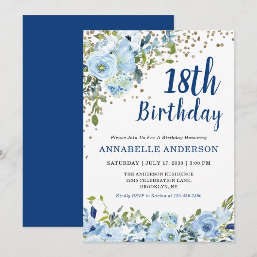 18e verjaardag Florale marineblauw goudglitter-Sti Kaart (Voorkant / Achterkant)
