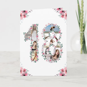 18e verjaardag Foto Collage Girl Pink Flower White Kaart