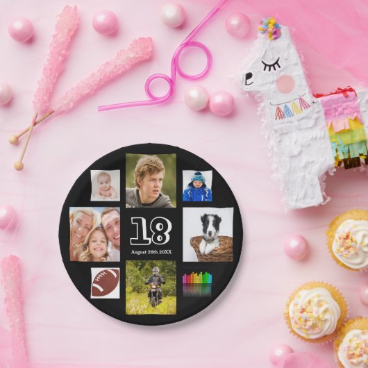 18e verjaardag foto collage jongen zwarte papieren bordje (Feest)