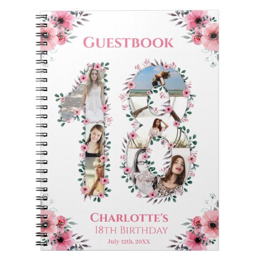 18e verjaardag Foto Collage Pink Flower Guest Book Notitieboek (Voorkant)