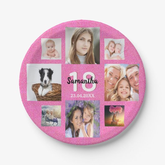 18e verjaardag foto collage roze glitter papieren bordje (Voorkant)