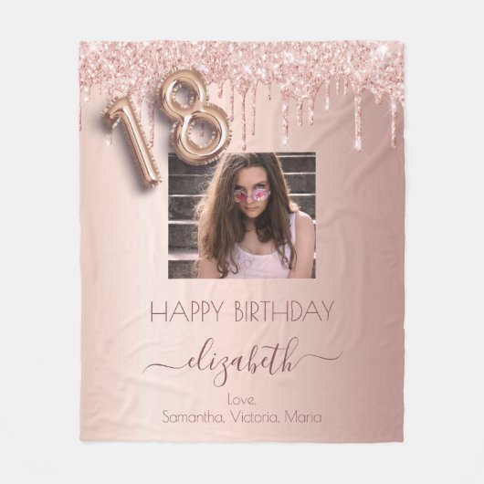18e verjaardag foto roos goud glitter roze vriende fleece deken (Voorkant)