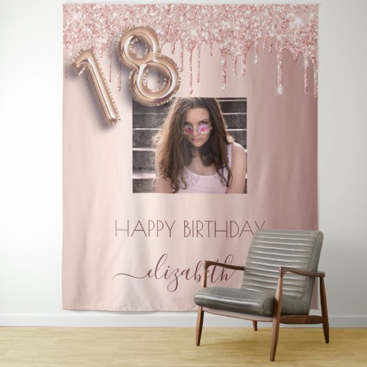 18e verjaardag foto roos goud glitter roze wandkleed (In situ)