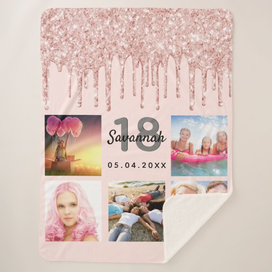 18e verjaardag foto roos gouden blush naam sherpa deken (Voorkant)