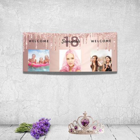18e verjaardag foto roos gouden glitter sparkle spandoek