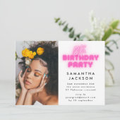 18e verjaardag Foto roze Neon Lumo Licht Kaart (Staand voorkant)