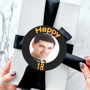 18e verjaardag fotogouden ballonnen zwart ronde sticker