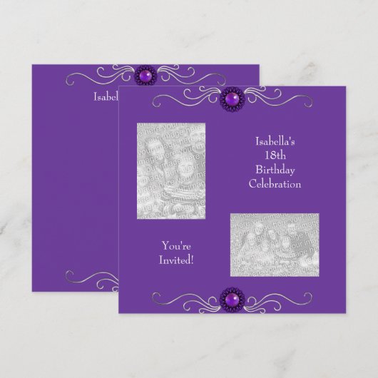 18e Verjaardag Foto's Zilveren Paarse Juweel Kaart (Voorkant / Achterkant)