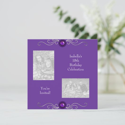 18e Verjaardag Foto's Zilveren Paarse Juweel Kaart (Staand voorkant)