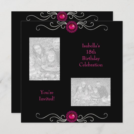 18e Verjaardag Foto's Zwart Zilver Roze Juweel Tri Kaart (Voorkant / Achterkant)