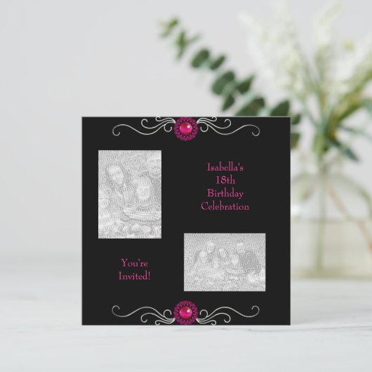 18e Verjaardag Foto's Zwart Zilver Roze Juweel Tri Kaart (Staand voorkant)