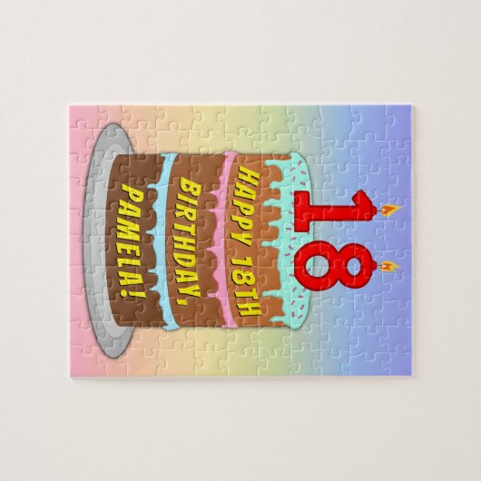 18e verjaardag: Fun Cake and Candles + Custom Name Legpuzzel (Horizontaal)