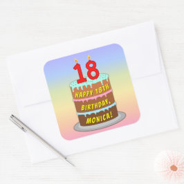 18e verjaardag: Fun Cake and Candles + Custom Name Vierkante Sticker