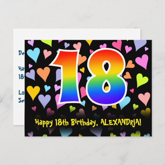18e verjaardag: Fun Hearts Pattern, Regenboog 18 Briefkaart (Voorkant / Achterkant)