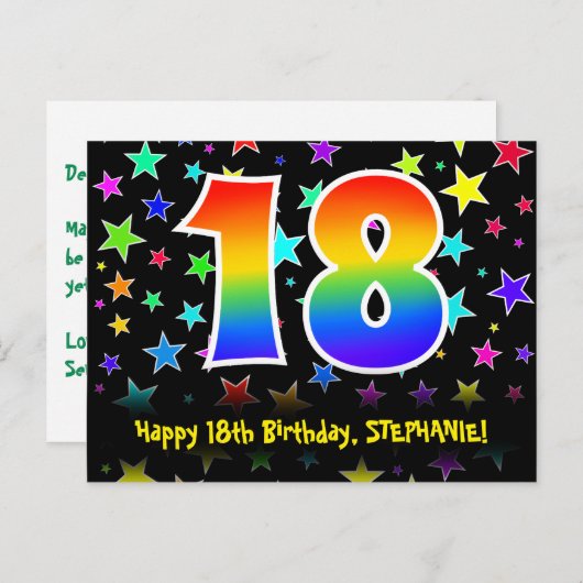 18e verjaardag: Fun Stars Pattern, Rainbow 18, Naa Briefkaart (Voorkant / Achterkant)