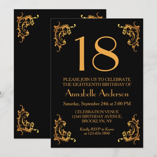 18e Verjaardag Glam Modern Gold Black  Retro Kaart (Voorkant / Achterkant)