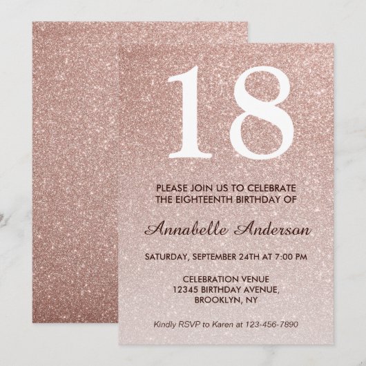 18e verjaardag Glam Roze Rose Gold Glitter Ombre Kaart (Voorkant / Achterkant)