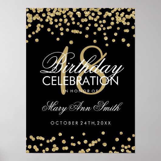 18e verjaardag Gold Faux Confetti zwart Poster (Voorkant)