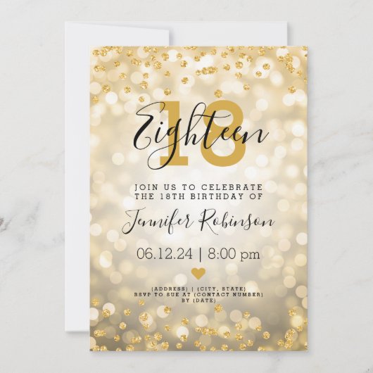 18e verjaardag Gold Glam Glitter Lights Kaart (Voorkant)