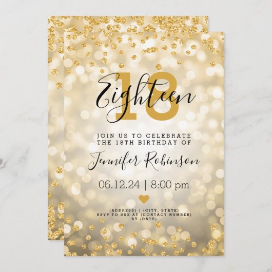 18e verjaardag Gold Glam Glitter Lights Kaart (Voorkant / Achterkant)
