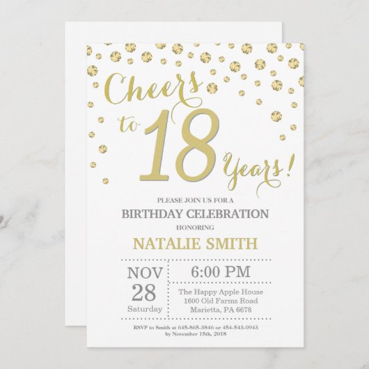 18e verjaardag Gold Glitter Diamond Uitnodiging (Voorkant / Achterkant)
