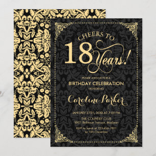 18e verjaardag - Goud Zwart Damask Kaart