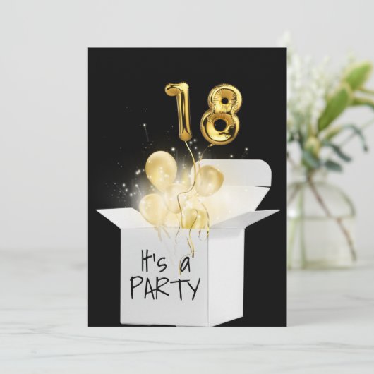 18e verjaardag goudballonnen in witte doos kaart (Staand voorkant)