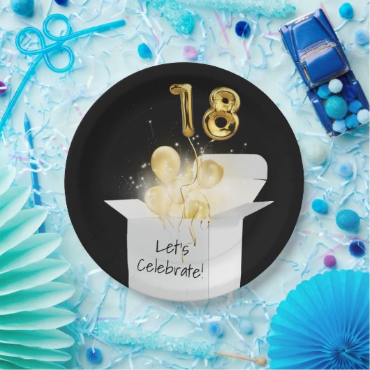 18e verjaardag goudballonnen in witte doos papieren bordje (Feest)