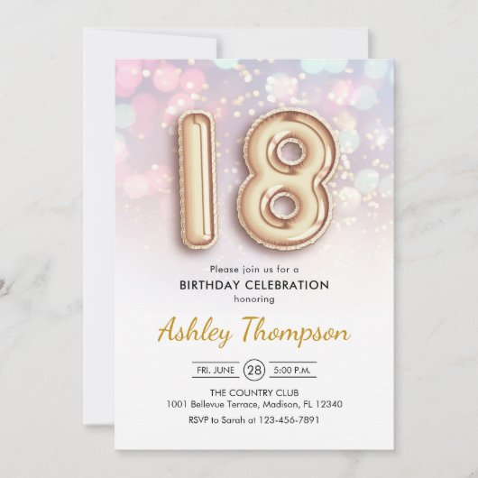 18e verjaardag - gouden ballonnen roze lichten kaart (Voorkant)