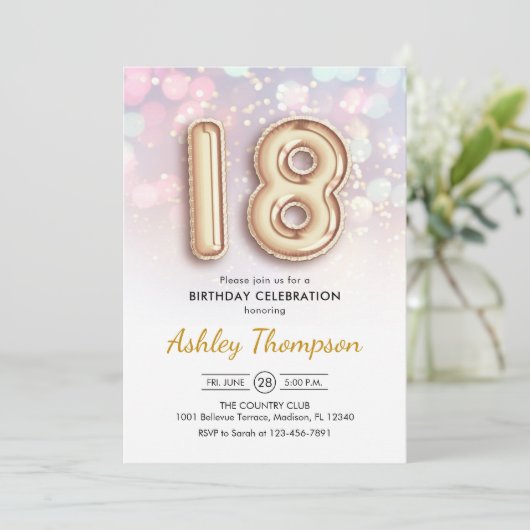 18e verjaardag - gouden ballonnen roze lichten kaart (Staand voorkant)
