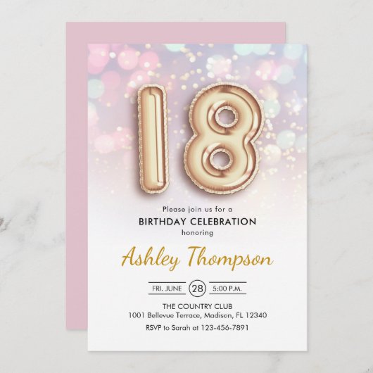 18e verjaardag - gouden ballonnen roze lichten kaart (Voorkant / Achterkant)