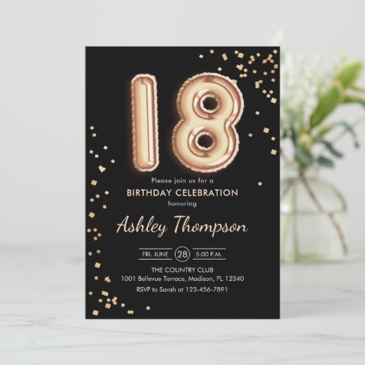 18e verjaardag - gouden ballonnen zwart kaart (Staand voorkant)
